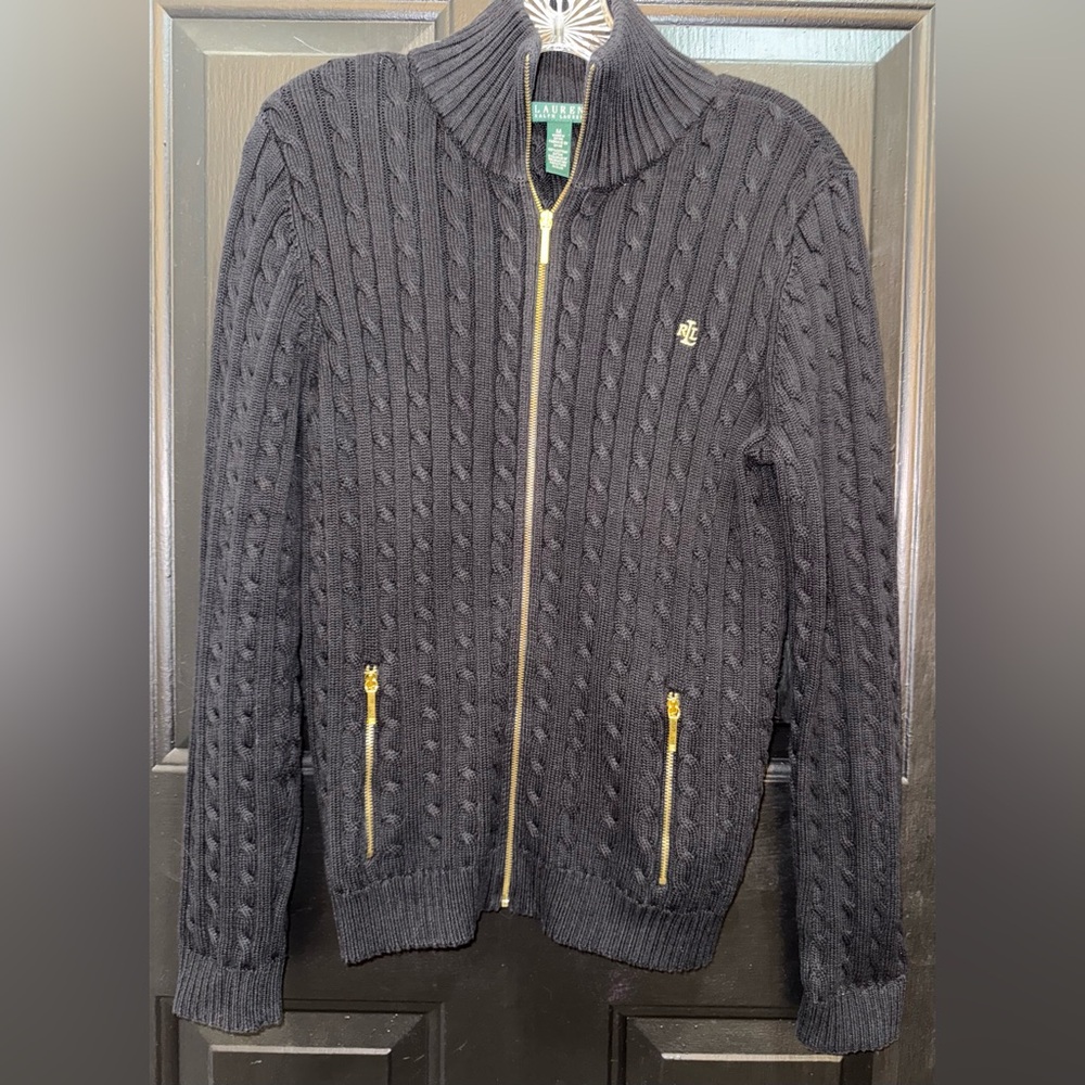 Ralph Lauren Black Cable Knit Zip-Up Sweater